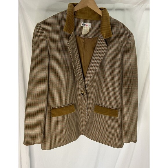 Vntge Lucia Blazer Jacket Golden Brown Houndstooth Corduroy Collar 14/ XL - Picture 1 of 9